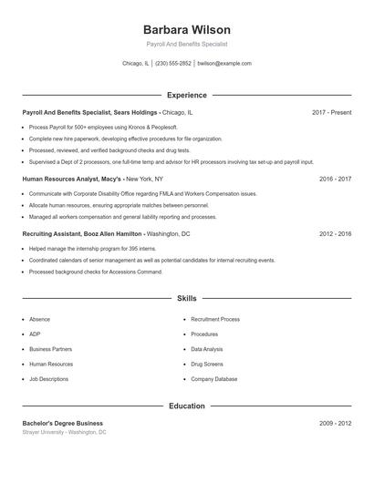 Payroll And Benefits Specialist Resume