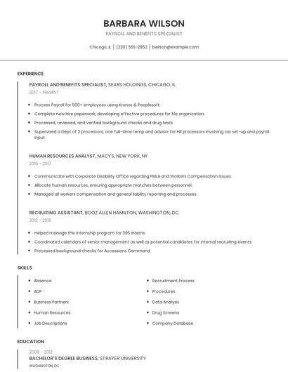 Payroll And Benefits Specialist Resume