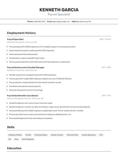 Payroll Specialist Resume