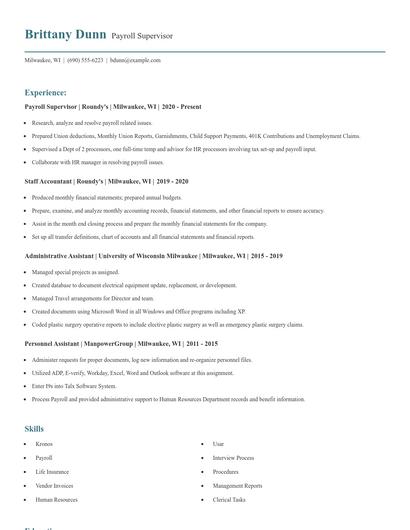 Payroll Supervisor Resume
