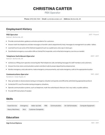PBX Operator Resume
