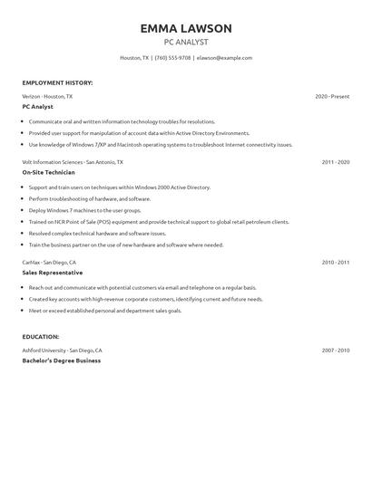 PC Analyst Resume