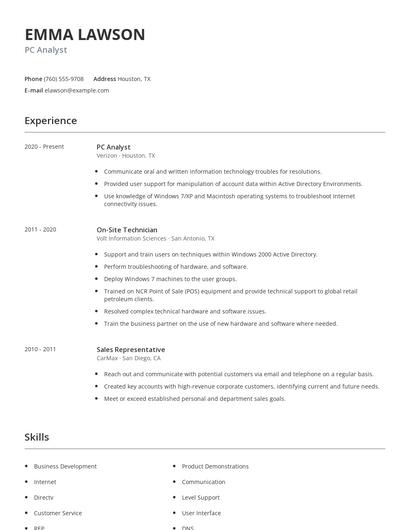 PC Analyst Resume