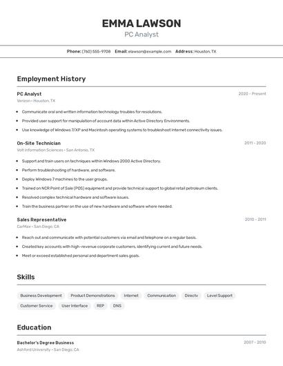 PC Analyst Resume