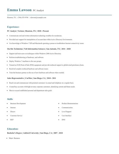 PC Analyst Resume
