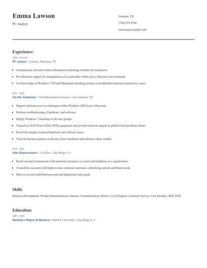 PC Analyst Resume