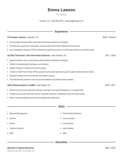 PC Analyst Resume