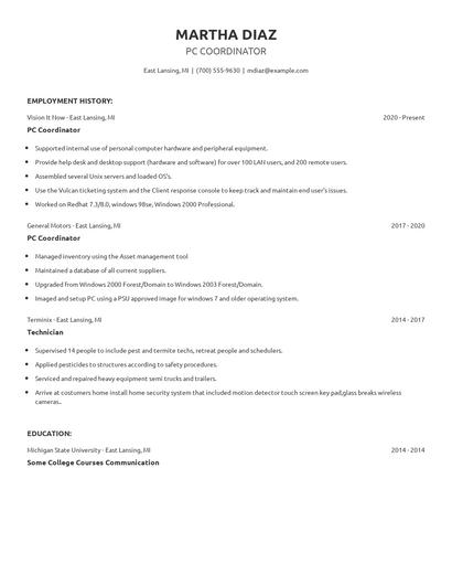 PC Coordinator Resume
