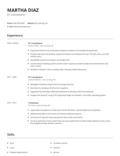 PC Coordinator Resume