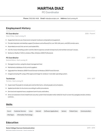 PC Coordinator Resume