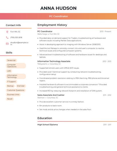 PC Coordinator Resume