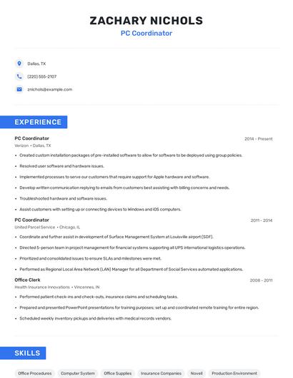 PC Coordinator Resume