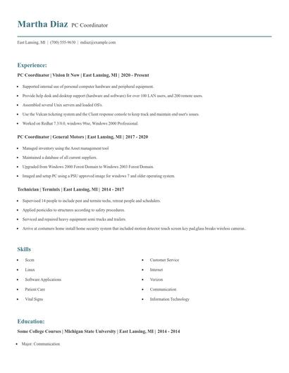 PC Coordinator Resume