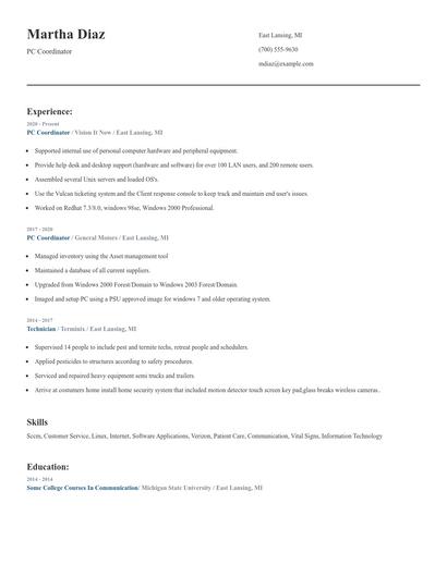 PC Coordinator Resume