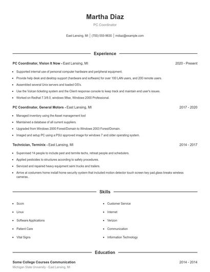 PC Coordinator Resume