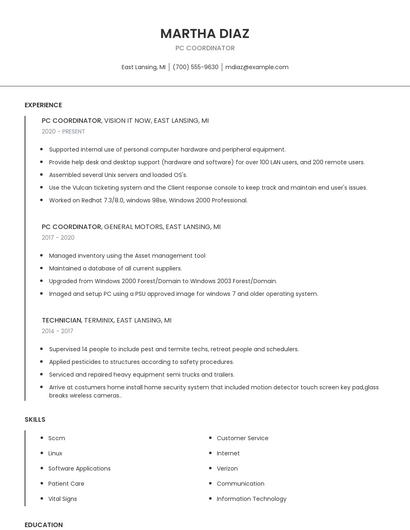 PC Coordinator Resume