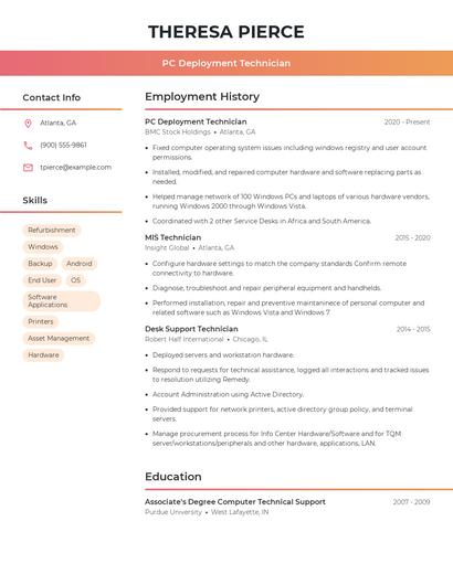 PC Deployment Technician Resume