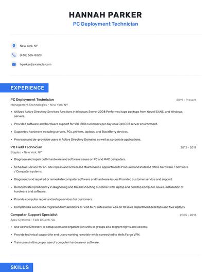 PC Deployment Technician Resume