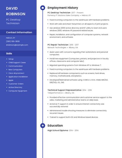 PC Desktop Technician Resume