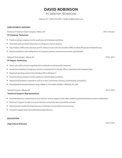 PC Desktop Technician Resume