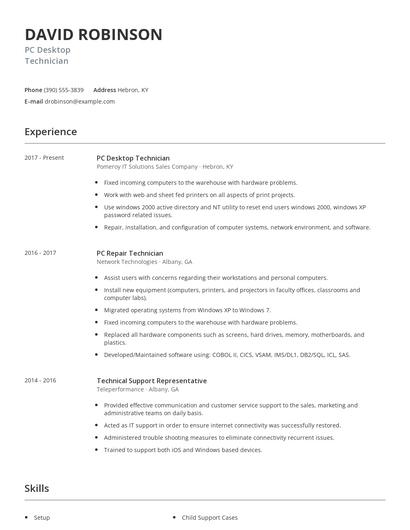 PC Desktop Technician Resume