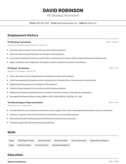 PC Desktop Technician Resume
