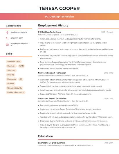 PC Desktop Technician Resume