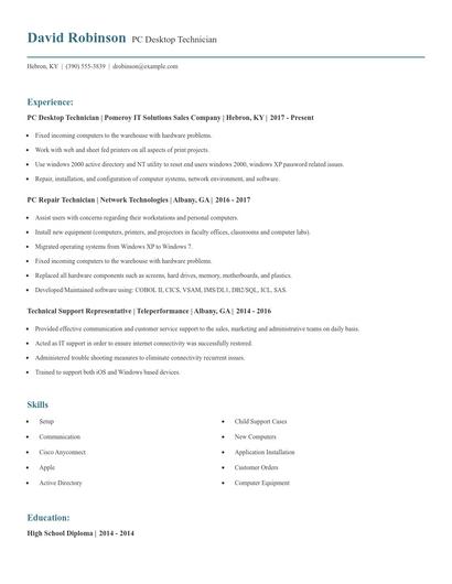 PC Desktop Technician Resume