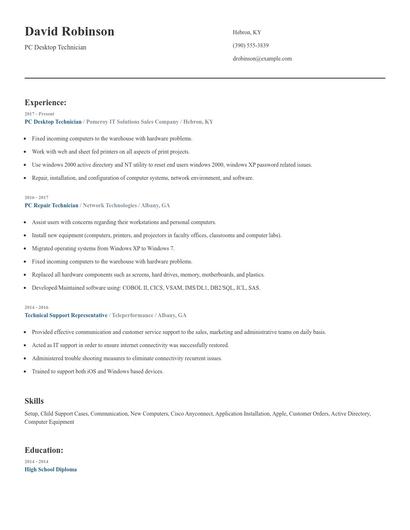 PC Desktop Technician Resume