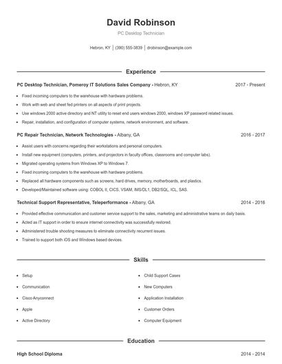 PC Desktop Technician Resume
