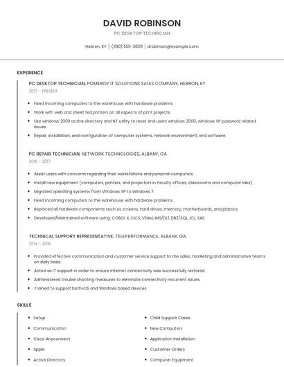 PC Desktop Technician Resume