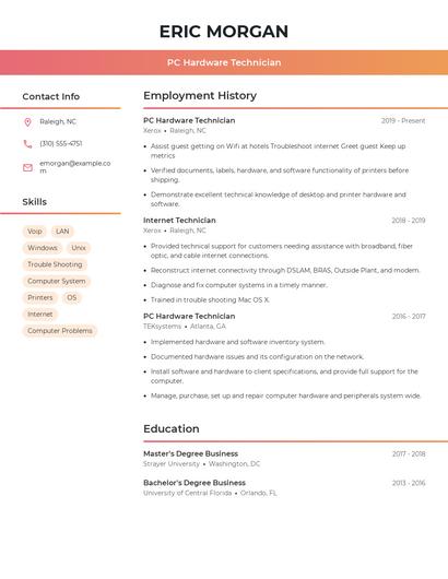 PC Hardware Technician Resume