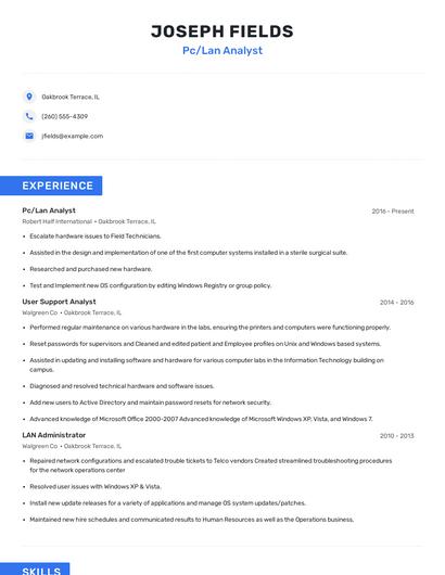 Pc/Lan Analyst Resume