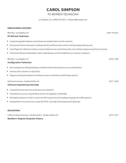 PC Refresh Technician Resume