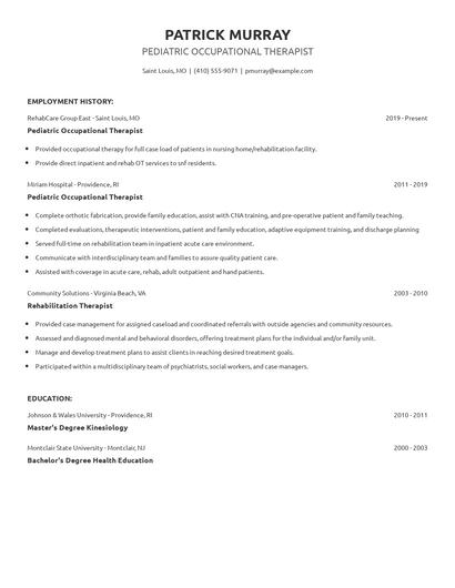 Pediatric Occupational Therapist Resume