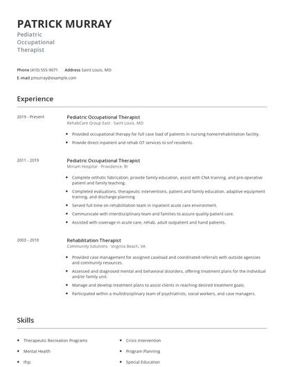 Pediatric Occupational Therapist Resume