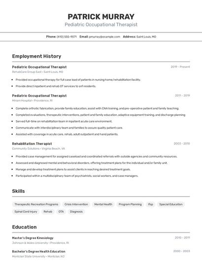 Pediatric Occupational Therapist Resume
