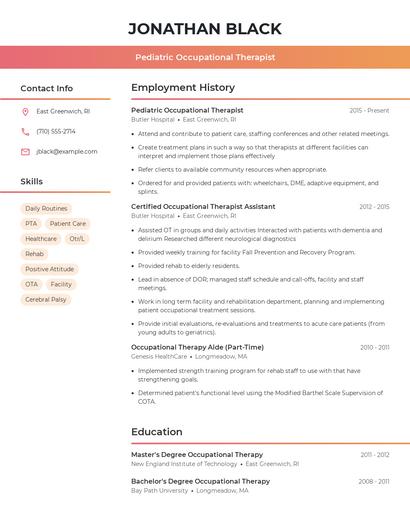 Pediatric Occupational Therapist Resume