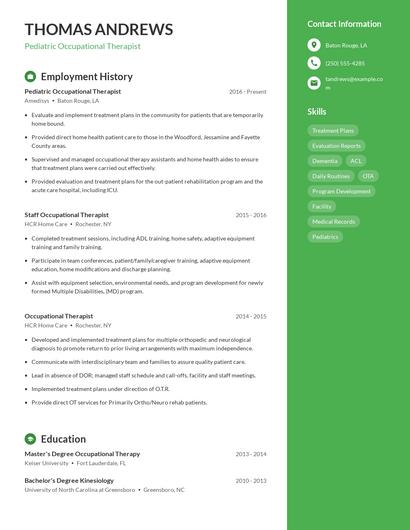 Pediatric Occupational Therapist Resume