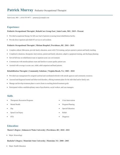 Pediatric Occupational Therapist Resume