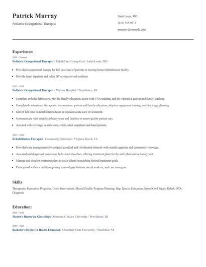 Pediatric Occupational Therapist Resume