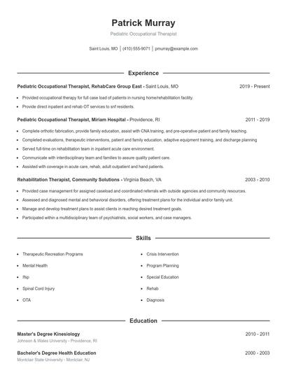 Pediatric Occupational Therapist Resume