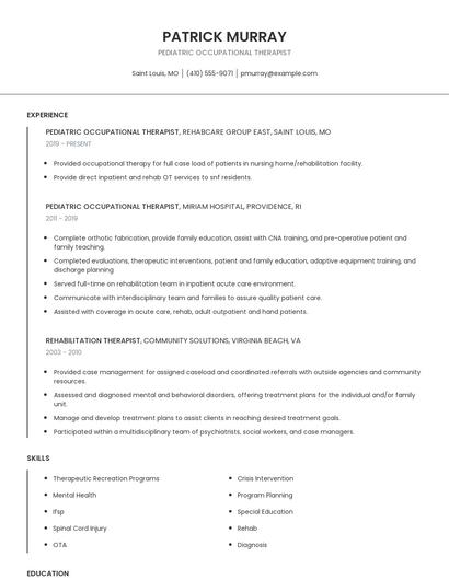 Pediatric Occupational Therapist Resume