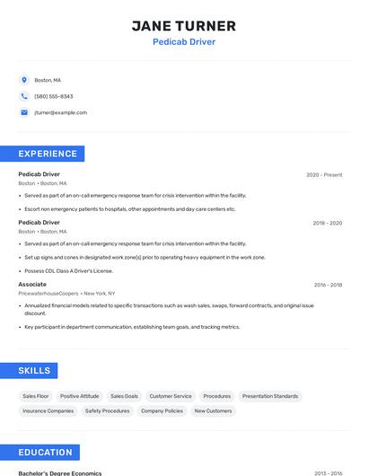 Pedicab Driver Resume