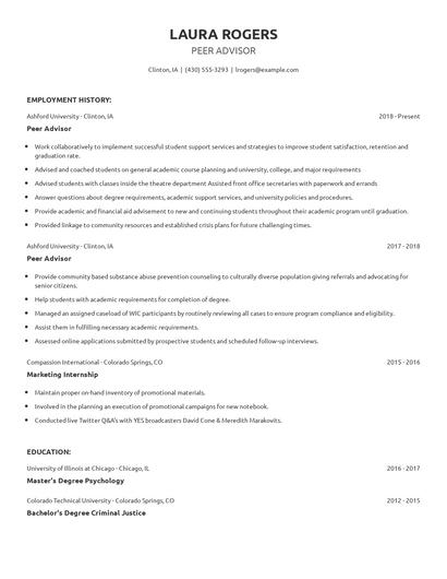 Peer Advisor Resume