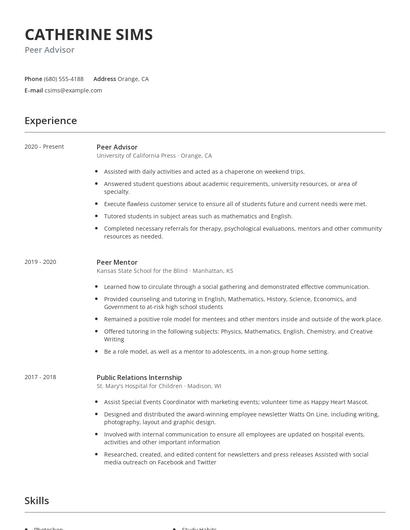 Peer Advisor Resume