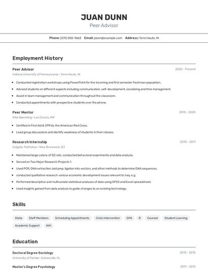 Peer Advisor Resume