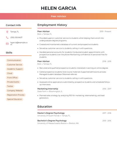 Peer Advisor Resume