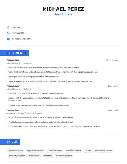 Peer Advisor Resume