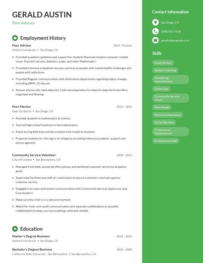 Peer Advisor Resume